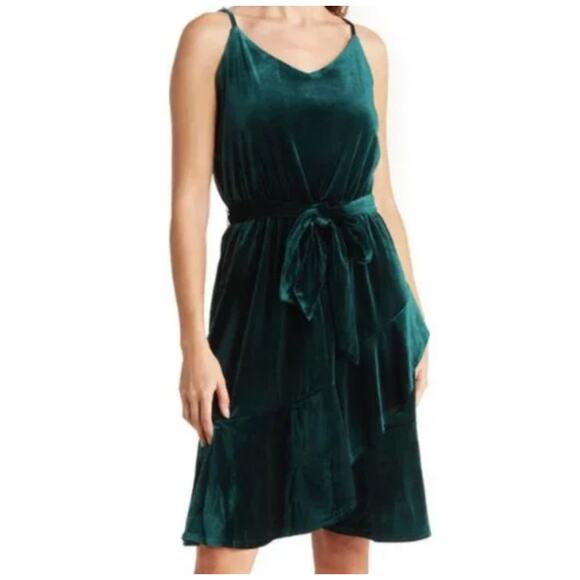 Rachel Zoe Green Velvet V Neck Belted Knee Length Dress US Women's L - Picture 1 of 9